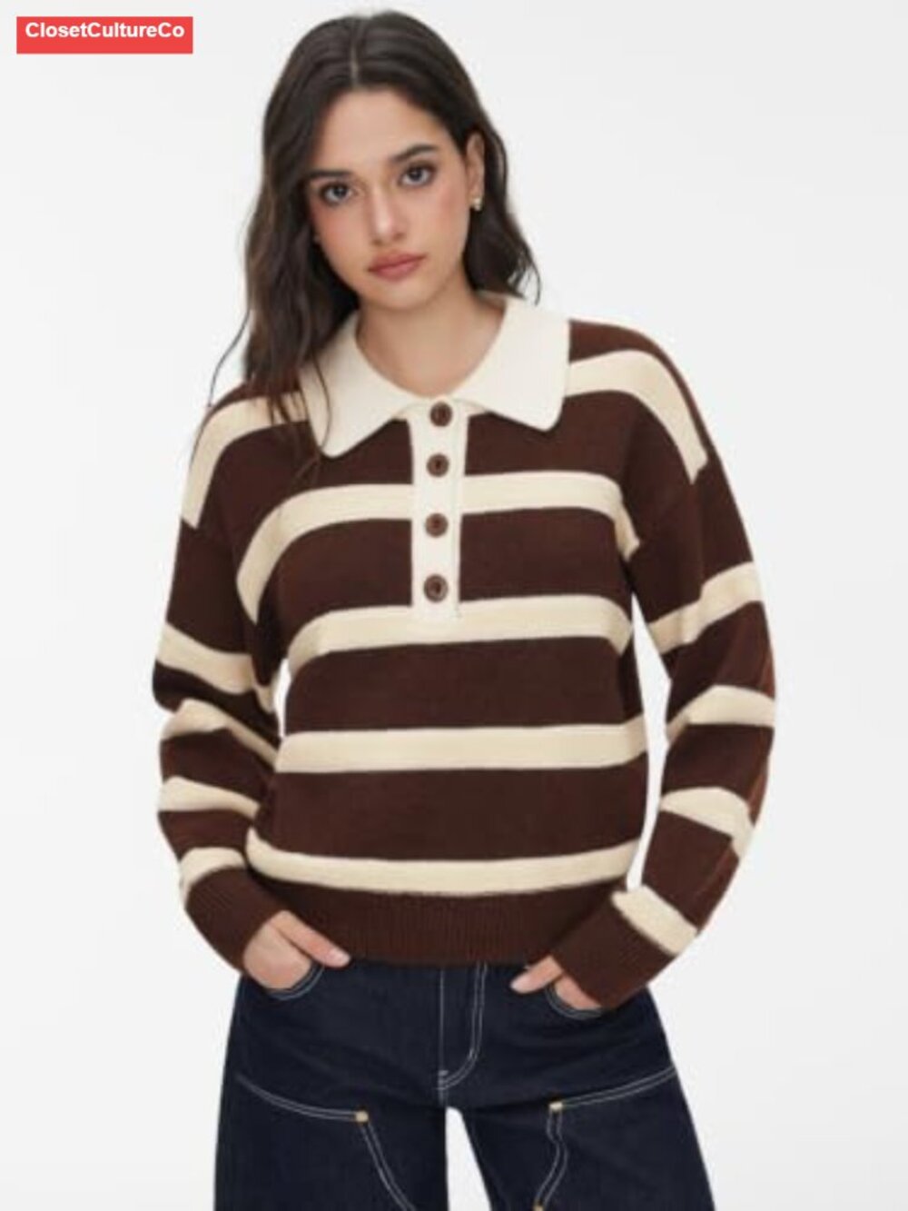 Striped Polo Sweater Half Button Knit Pullover Loose Fit Fall Shirt - Picture 6 of 6
